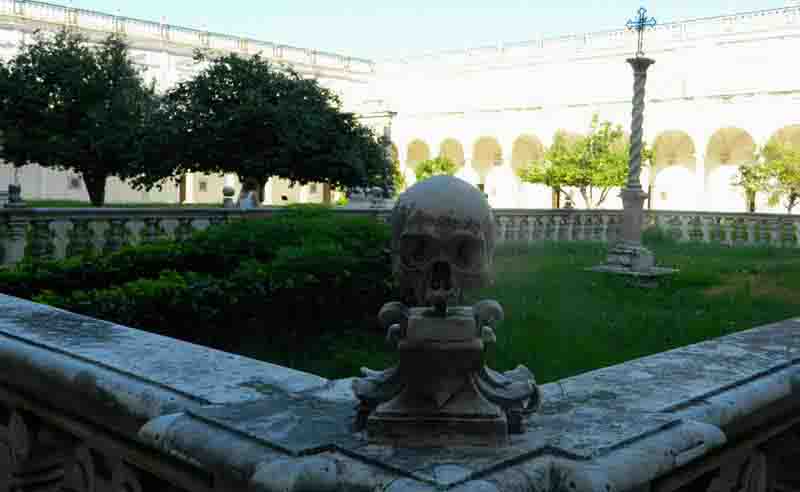teschio, particolare del giardino della Certosa di S. Martino