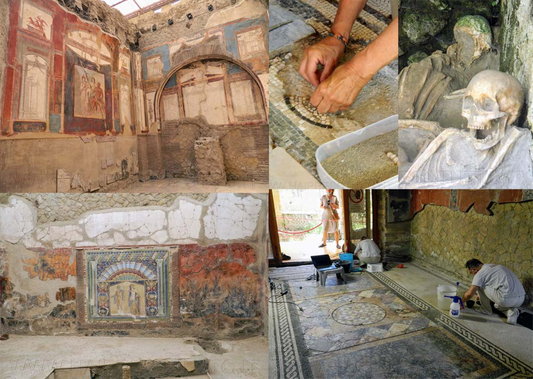 particolari del Parco Archeologico di Ercolano e fasi di restauro di un mosaico
